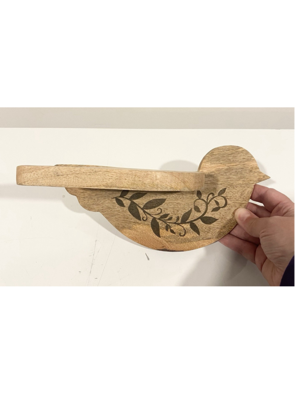 Evergreen Garden Wooden Bird Wall Shelf Floral Carved Rustic Decor 10”
